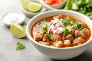 AI generated Mexican red pozole rojo soup with pork and vegetables photo
