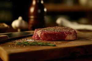 AI generated Raw rib eye steak of beef on wooden Board with seasonings and rosemary prepared for grill photo