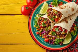 AI generated Mexican burrito with beef and vegetables photo