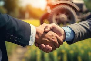 AI generated handshake between businessman and farmer, purchase sell tractor farm machinery equipment photo