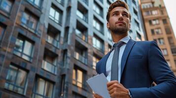 ai generado elegante negocio hombre mirando para nuevo apartamento con real agente foto