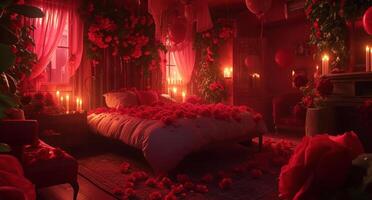 ai generado romántico romántico dormitorio con rosas en él, velas, y globos foto