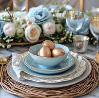 AI generated easter table setting with gold, blue, and green photo