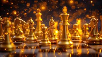 AI generated golden chess pieces are making a game against each other photo