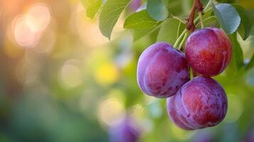 AI generated Beautiful juicy ripe plums hang on a branch in the summer garden photo