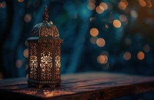 AI generated an old traditional lamp lit amidst beautiful bokeh photo