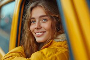 AI generated woman leaning out of window of car with beautiful view photo