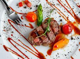 AI generated a steak in a plate with vegetables, cutlery, and sauce photo