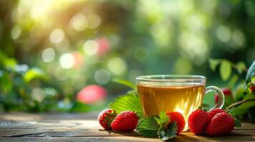 AI generated a cup of green tea next to strawberries on a wooden table. blurred background of summer garden from behind photo