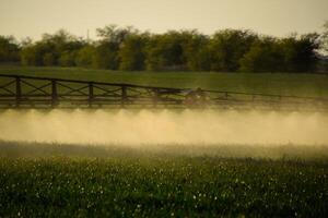 chorros de líquido fertilizante desde el tractor pulverizador. foto