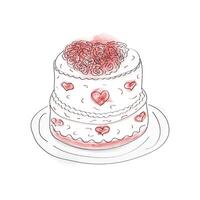 two-tier cake with cream, marzepan hearts and mastic flowers on a tray in a watercolor doodle style on white background vector