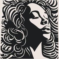 Abstract art vector outline illustration of african woman face. Black and white coloring page of girl face portrait. Modern print, poster image.