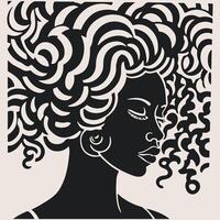 Abstract art vector outline illustration of african woman face. Black and white coloring page of girl face portrait. Modern print, poster image.