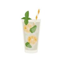 Lemonade Mocktail in a glass with straw garnished with mint and lemon. Classic nonalcoholic beverage. Modern Summer drink. Minimalist trendy vector flat illustration isolated on white background.