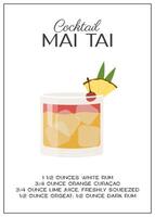 Mai Tai Cocktail garnished with pineapple slice and cherry. Classic alcoholic beverage recipe. Summer aperitif poster. Minimalist trendy print with alcoholic drink. Vector flat illustration.
