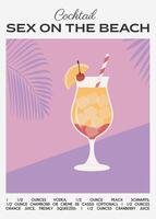 Sex On The Beach Tropical Cocktail garnished with orange and cherry. Classic alcoholic beverage recipe wall art print. Summer aperitif poster. Minimalist alcoholic drink placard. Vector illustration.