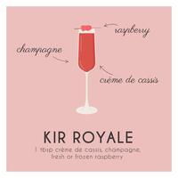 Kir Royale Cocktail, champagne in flute glass garnish with raspberry. Classic alcoholic beverage recipe square banner. Summer french aperitif. Contemporary poster for bar menu. Vector illustration.