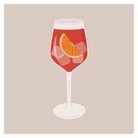 Classic Sangria cocktail with slice of orange in the wine glass. Traditional Spanish drink with fruits and berries. Summer aperitif. Alcoholic beverage. Vector illustration isolated on background.