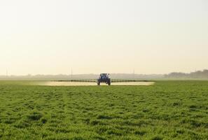 Tractor on the sunset background. Tractor with high wheels is making fertilizer on young wheat. The use of finely dispersed spray chemicals photo