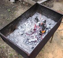 Smoldering coals in the grill. Burning fire after a shish kebab. photo