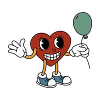 An isolated image of a retro heart holding a balloon in its hands. A male character in the shape of a heart in the style of a retro cartoon, isolated on a white background. Vector illustration