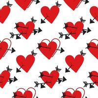 Pattern of Hearts that were pierced by an arrow. Astrakhan texture is made in red and black colors. Heart with a doodle-style arrow icon. Vector flat element with lots of arrows. Heart pierced