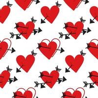 Pattern of Hearts that were pierced by an arrow. Astrakhan texture is made in red and black colors. Heart with a doodle-style arrow icon. Vector flat element with lots of arrows. Heart pierced