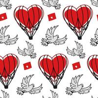 A dove pattern with a letter and a heart-shaped airship for Valentine's Day in doodle style. Background for greeting cards, scrapbooking, printing, gift wrapping, fabric making. Red black colors vector