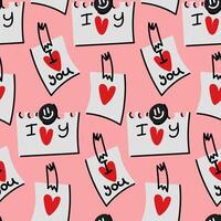 Notes on paper I love you pattern. Cute message taped and on a magnet. Handwritten abbreviated text in the shape of a heart. Vector doodle illustration in white, black, red colors. Valentine's Day