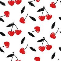 Cherry doodle pattern in black and red colors. Valentine's Day. Seamless pattern with cherry fruits in the shape of a heart with leaves on a white background vector illustration