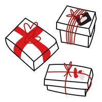 A set with various gift boxes tied with ribbon, a closed box with Valentine's Day cards. A collection of boxes for lovers with postcards and hearts on an isolated white background. Linear drawing vector