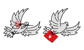 Set of doodle pigeons with a letter and a flower for Valentine's Day in red, black, and white colors. Isolated vector illustration of a pigeon with elements in its beak and paws. Sending a gift