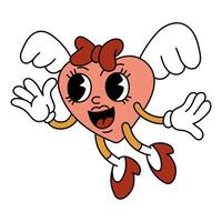 An isolated image of a retro heart with wings, with a joyful face. A female character in retro cartoon style in the shape of a heart, isolated on a white background. Vector Valentine's Day. Bow, shoes