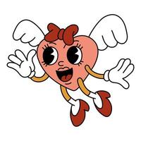 un aislado imagen de un retro corazón con alas, con un alegre rostro. un hembra personaje en retro dibujos animados estilo en el forma de un corazón, aislado en un blanco antecedentes. vector San Valentín día. arco, Zapatos