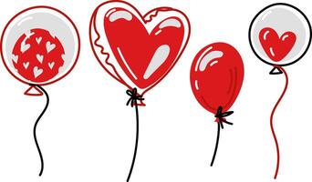 A set of balloons in doodle red. Doodle elements in the form of balloons in the shape of a heart and a circle, hand-drawn. A set of vector cliparts in red, black and gray colors