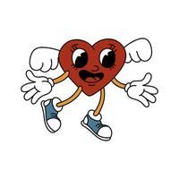 An isolated image of a retro heart with wings, with a joyful face. A male character in a heart-shaped retro cartoon style, isolated on a white background. Vector Valentine's Day. Sneakers, gloves