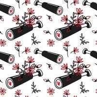 A pattern with marine binoculars and a heart in flowers. The ornament of the search for love in the vector. A magnifying glass with a heart inside. Texture for printing on the Valentine's Day holiday vector
