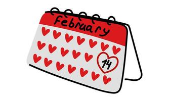 The calendar stands with hearts and 14 vector flat doodle. Happy Valentine's Day. A calendar icon with a painted heart. Hand-drawn doodles. Vector illustration, flat design. The whole calendar