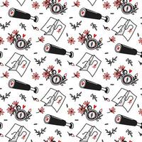 Pattern in search of love binoculars, map, compass, flowers. Seamless pattern for Valentine's Day. Floral. Print Find love on textiles and paper. Packaging for printing on textiles and packaging vector