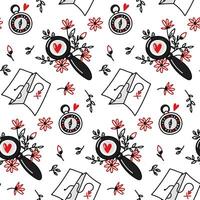 Pattern in search of love magnifying glass, map, compass, flowers. Seamless pattern for Valentine's Day. Floral. Print Find love on textiles and paper. Packaging for printing on textiles and packaging vector