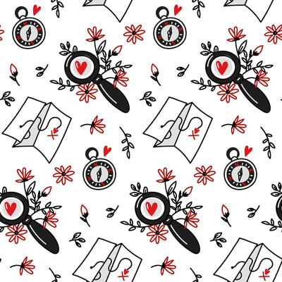 Pattern in search of love magnifying glass, map, compass, flowers. Seamless pattern for Valentine's Day. Floral. Print Find love on textiles and paper. Packaging for printing on textiles and packaging