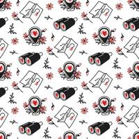 Pattern in search of love binoculars, map, location, flowers. Seamless pattern for Valentine's Day. Floral. Print Find love on textiles and paper. Packaging for printing on textiles and packaging vector