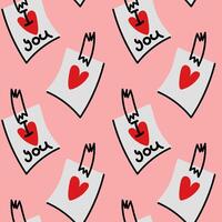 Notes on paper I love you doodle pattern. A cute message taped to it . Handwritten abbreviated text in the shape of a heart. Vector doodle illustration in white, black and red colors. Valentine's Day