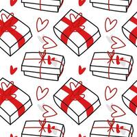 Pattern with various gift boxes tied with ribbon, a closed doodle box with hearts for Valentine's day. Red seamless texture with boxes tied with ribbon and studded with hearts on a white background vector