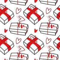 Pattern with various gift boxes tied with ribbon, a closed doodle box with hearts for Valentine's day. Red seamless texture with boxes tied with ribbon and studded with hearts on a white background vector