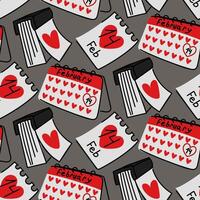 Calendar pattern with pages in hearts, many pages of flat scribbles. The calendar page for Valentine's Day. Business is a flat vector doodle ornament. Valentine's Day, February 14th. Calendar on grey