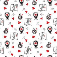 Pattern in search of love - location, map, compass, directional arrow. Seamless pattern for Valentine's Day. Print Find love on textiles and paper. Packaging for printing on textiles and packaging vector