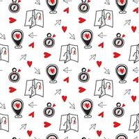 Pattern in search of love - location, map, compass, directional arrow. Seamless pattern for Valentine's Day. Print Find love on textiles and paper. Packaging for printing on textiles and packaging vector