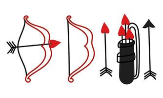 A set of arrows, a bow and a quiver are made in the style of red doodles. Collection of shooting bow with arrows with a heart. Taut bowstring, bow arrow, quiver in black colors vector