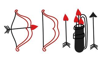 A set of arrows, a bow and a quiver are made in the style of red doodles. Collection of shooting bow with arrows with a heart. Taut bowstring, bow arrow, quiver in black colors vector